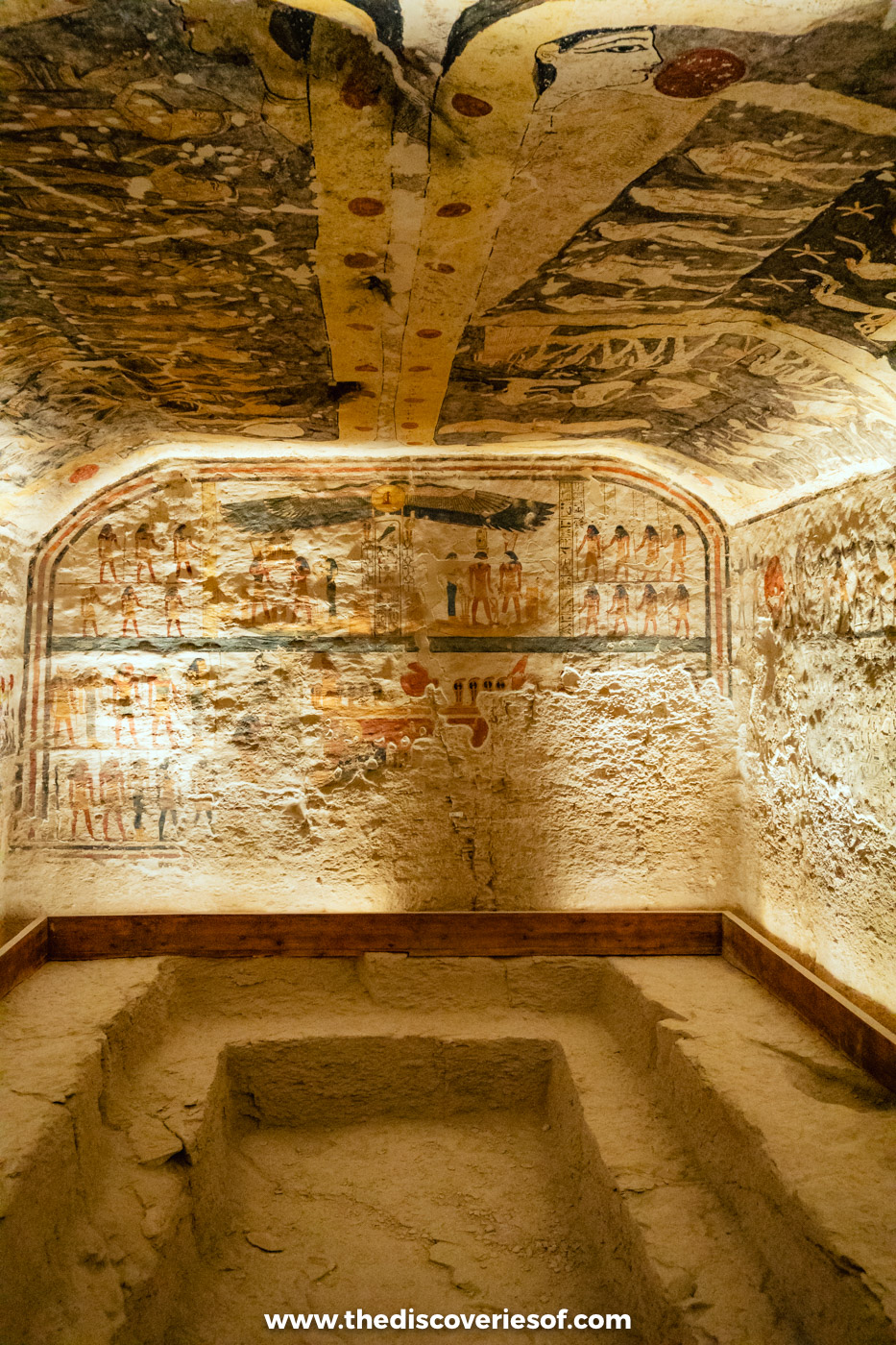 Burial chamber of Ramses IX with the sky goddess Nut on the ceiling and the sarcophagus pit, tomb KV6