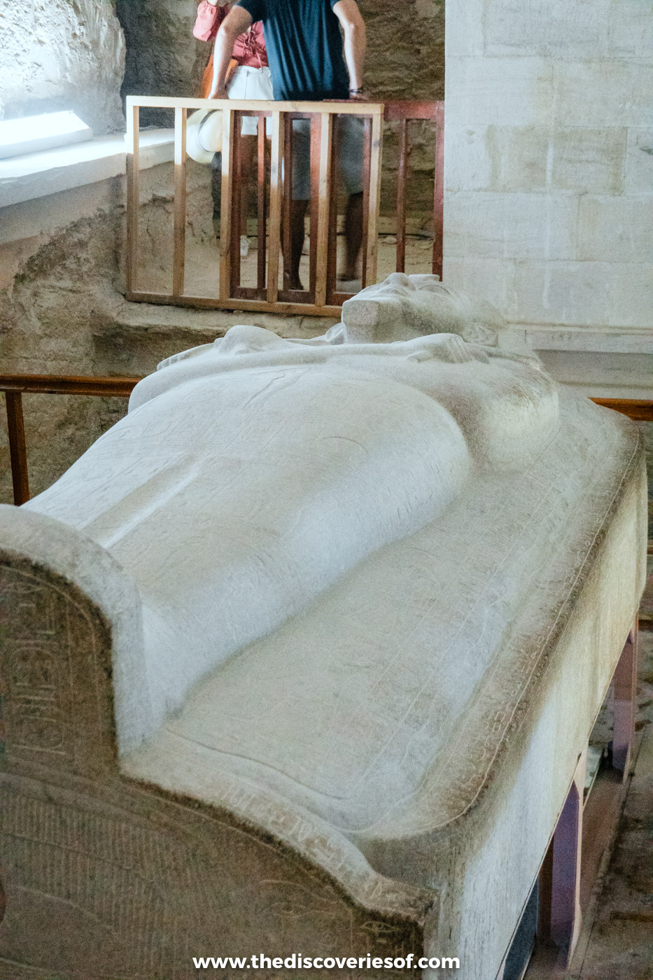 Granite sarcophagus lid carved with the effigy of Merenptah in the burial chamber of tomb KV8, Luxor