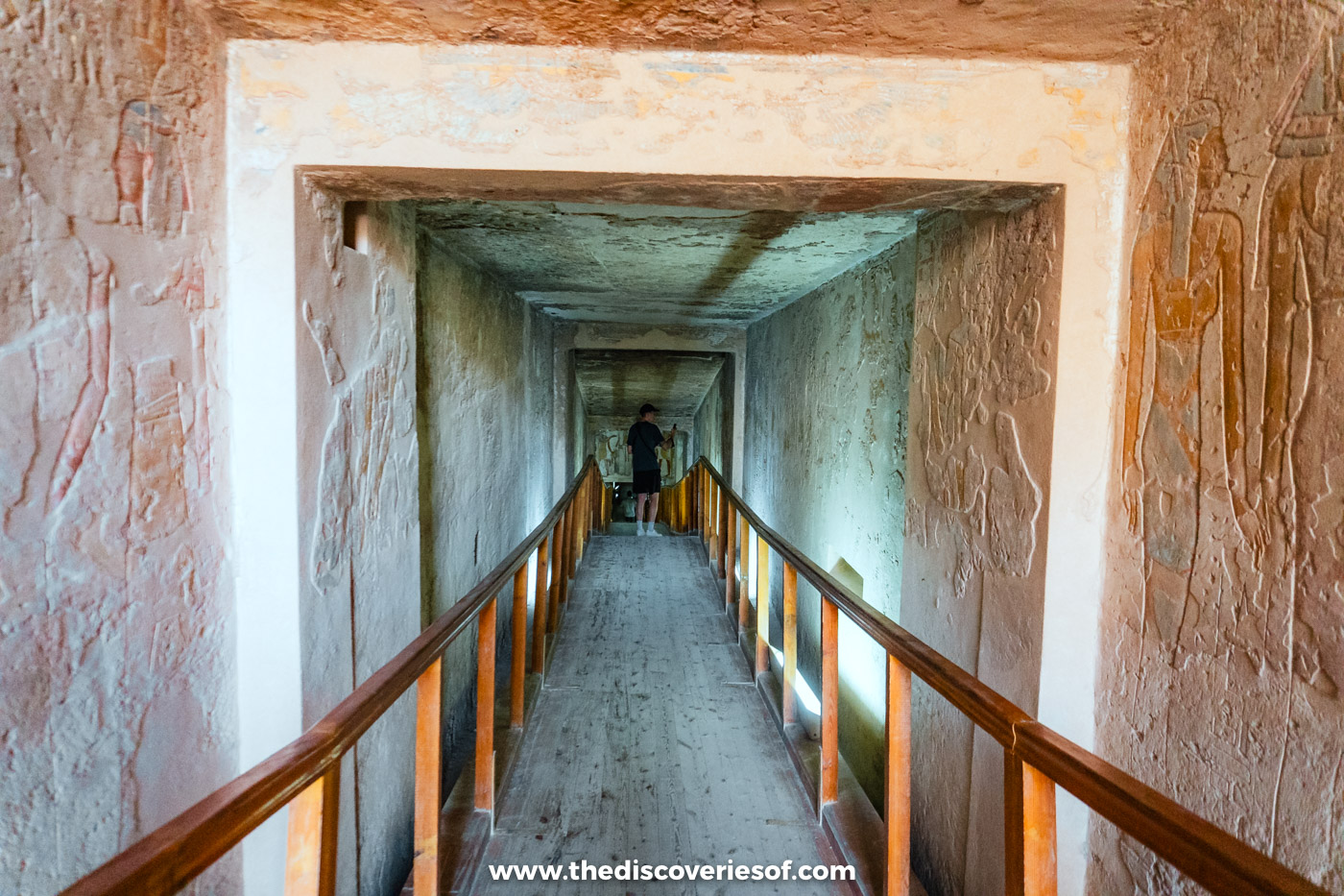 View through the entrance gate down the long walkway of tomb KV14 in the Valley of the Kings, Luxor