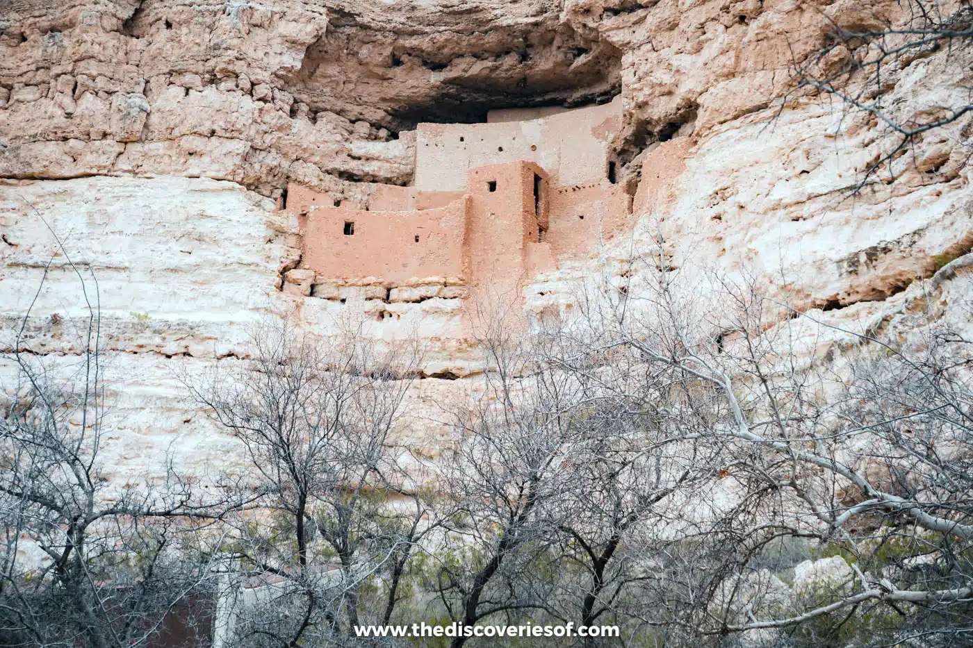 Montezuma Castle seen through bare winter trees from the trail at Montezuma Castle National Monument