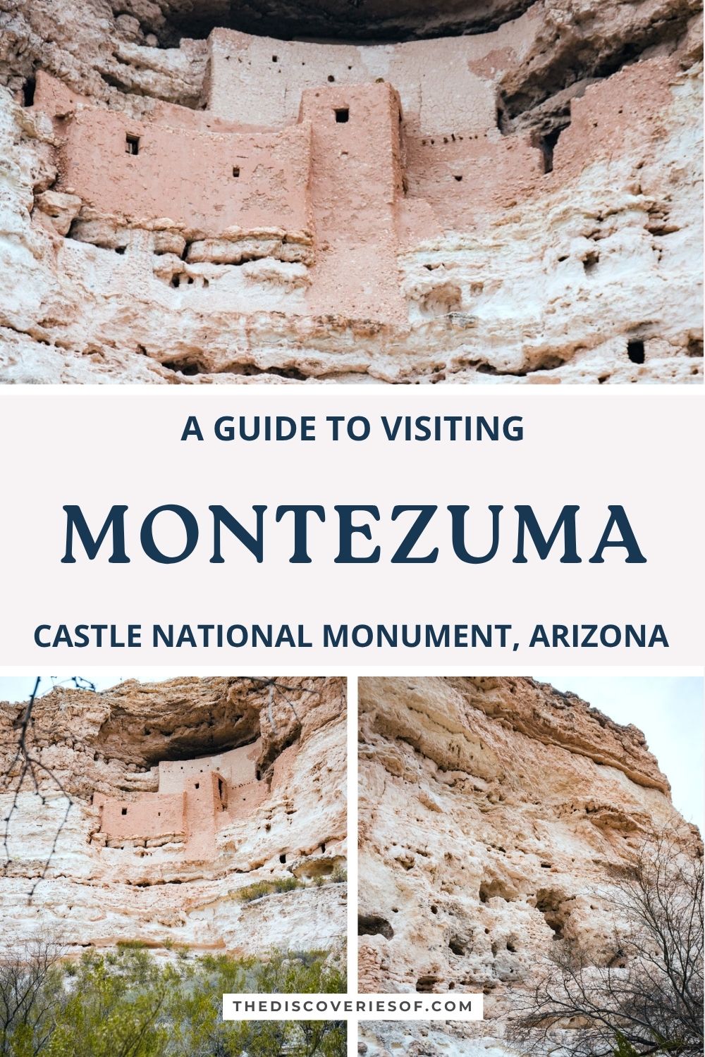 Montezuma Castle National Monument Pinterest pin with the Sinagua cliff dwelling in its limestone alcove