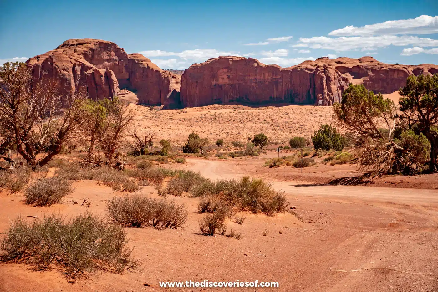 Sandy dirt track winding through junipers towards red cliffs in Monument Valley