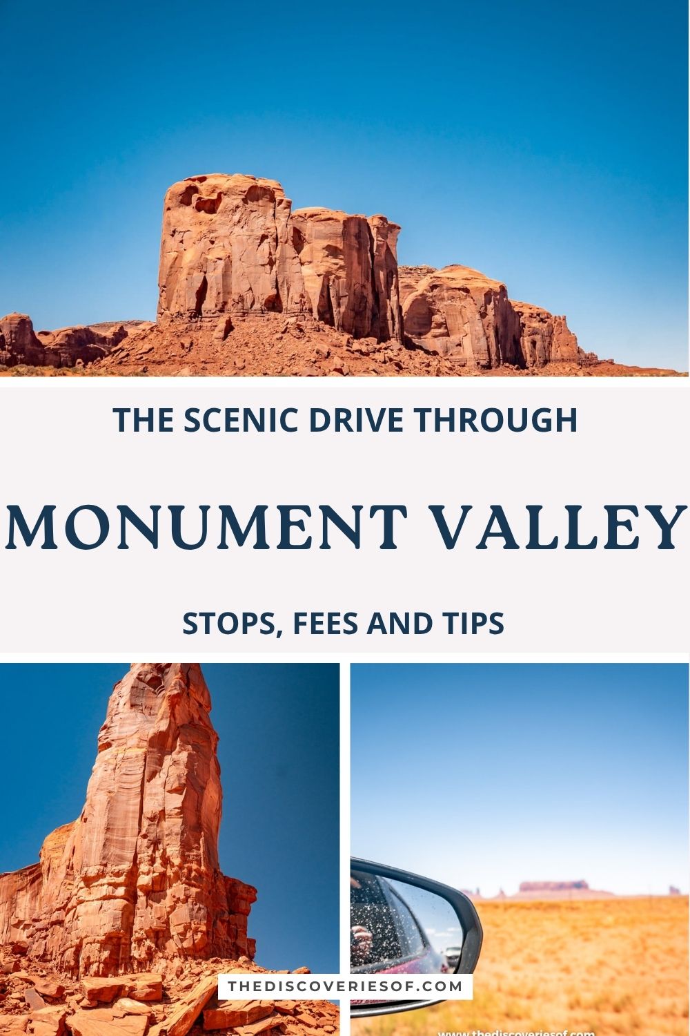 Sandstone buttes and the view from a car wing mirror with text overlay: the scenic drive through Monument Valley, stops, fees and tips