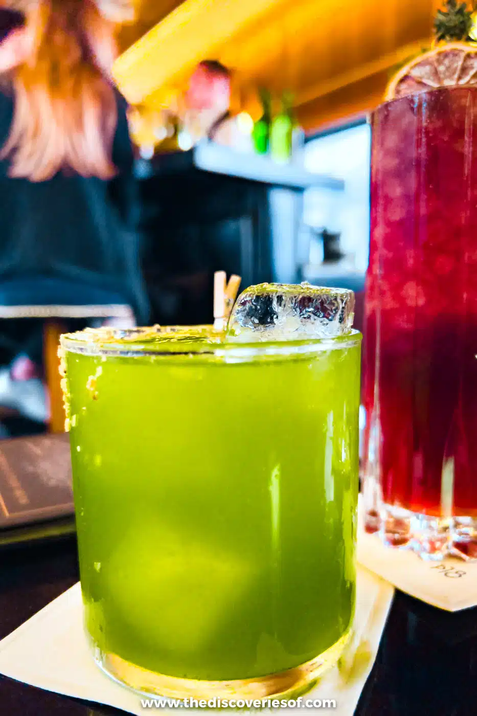 Bright green cocktail on the bar at Platform 18, Phoenix