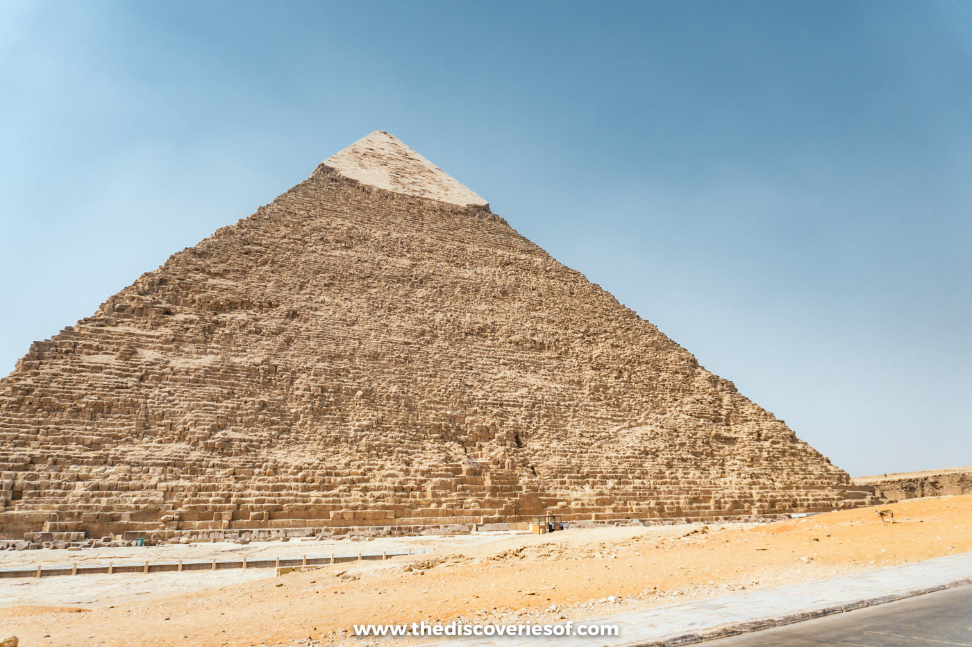 The Pyramid of Khafre at Giza with patches of smooth original limestone casing near its summit