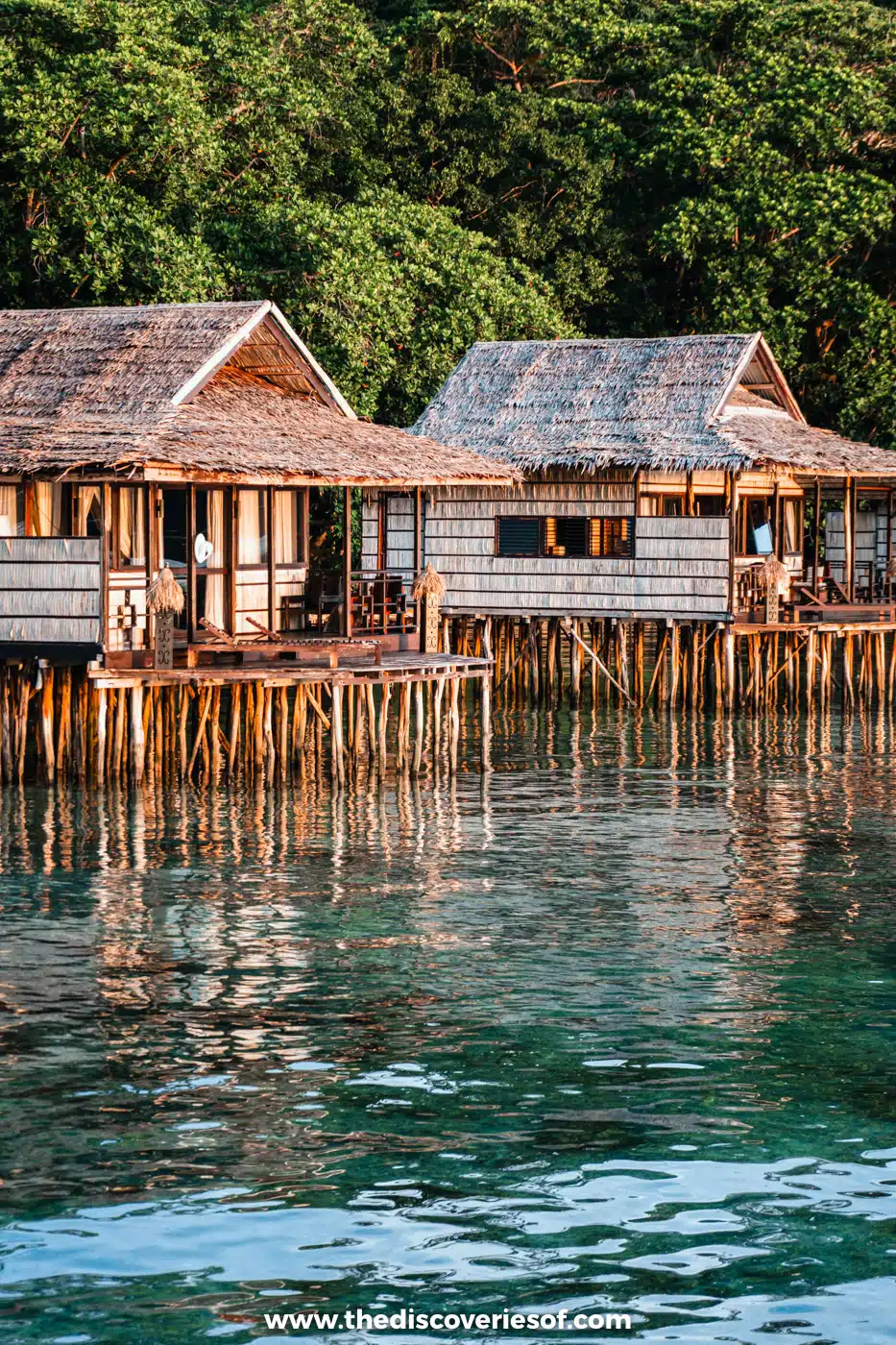Two thatched wooden bungalows on stilts over clear water, glowing in late afternoon light with jungle behind