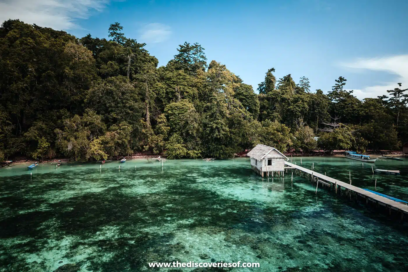 Stilt hut at the end of a wooden jetty over clear green water and reef on Birie Island, backed by tall rainforest trees