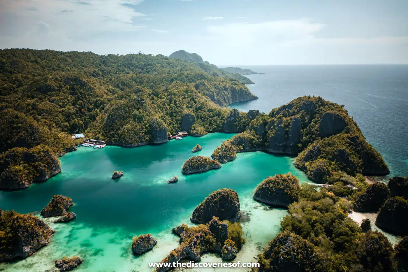 Aerial view of the Piaynemo lagoon, with turquoise water, mushroom-shaped karst islets and forested limestone ridges