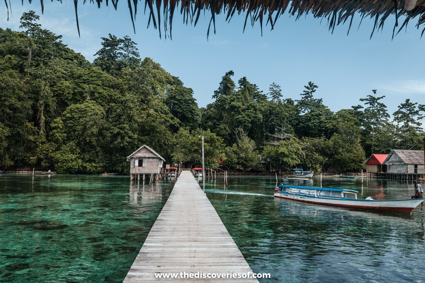 Long wooden jetty stretching over clear turquoise water towards a stilt hut, moored boats and dense jungle