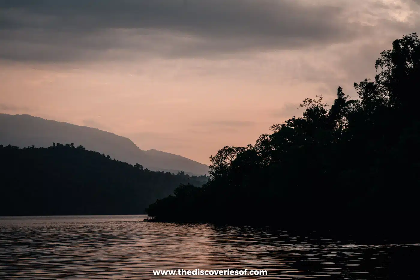 Silhouetted mangrove-fringed headland and distant hills under a pink and grey sky at dusk, calm water below