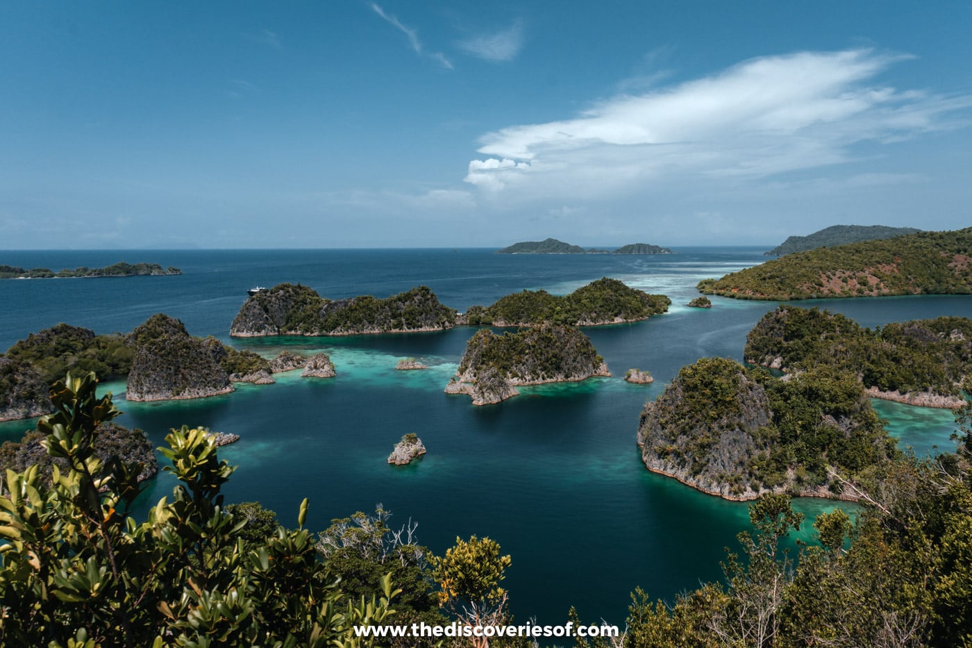 Mushroom-shaped karst islets in turquoise lagoons seen from the Piaynemo viewpoint, with open sea beyond