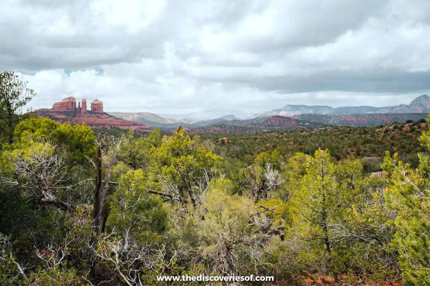 Cathedral Rock rising beyond a valley of green woodland near Sedona, Arizona