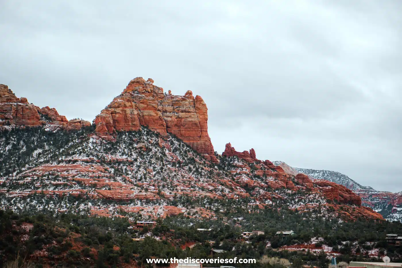 Snow-dusted red rock buttes above Uptown Sedona in February