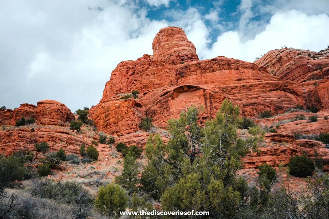 Bell Rock and its rippled red sandstone ledges near the Village of Oak Creek, Sedona