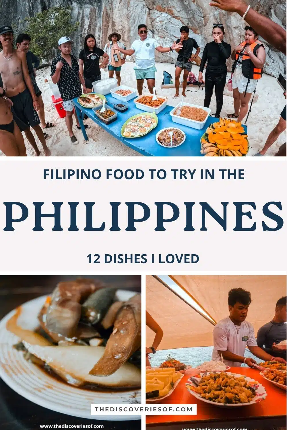 Pinterest graphic for Filipino food to try in the Philippines, with island-hopping and boat lunch photos