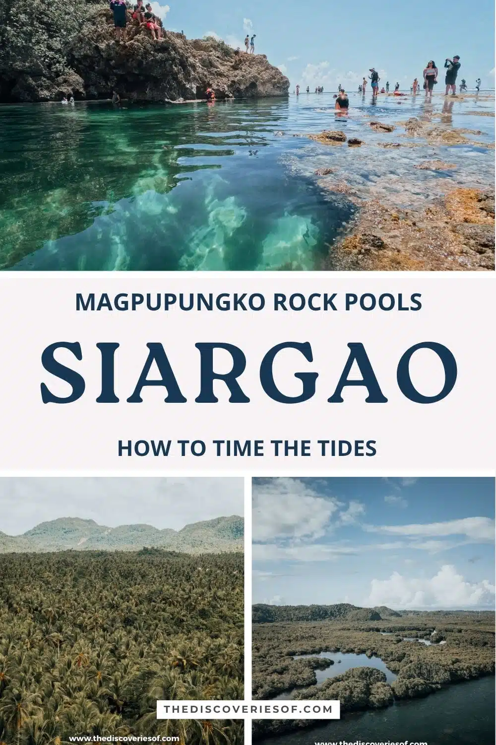 Pinterest graphic for the Magpupungko rock pools on Siargao, with the tidal pools, coconut palms and mangroves