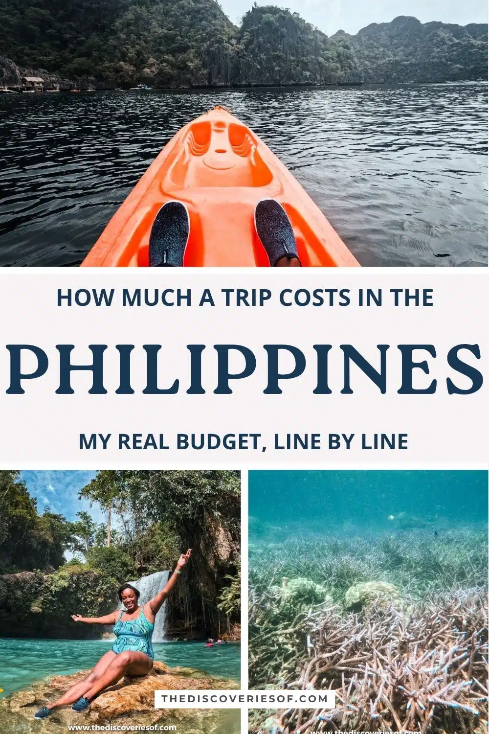 Pinterest graphic on how much a trip to the Philippines costs, with kayaking, waterfall and coral photos