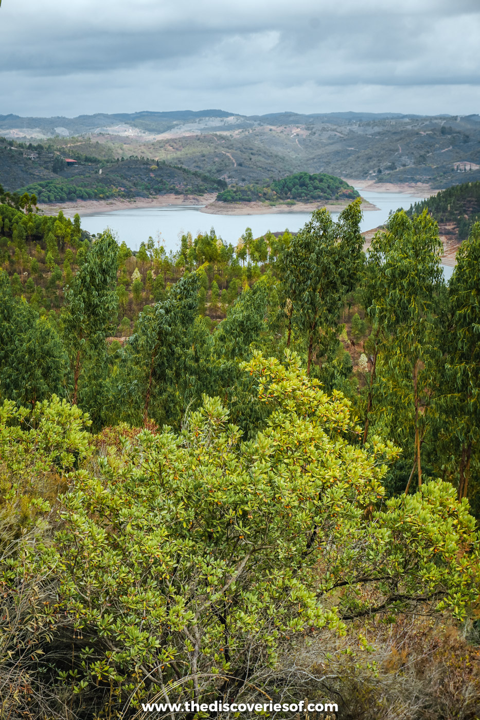 The Santa Clara reservoir winding between wooded hills under heavy cloud in the Alentejo