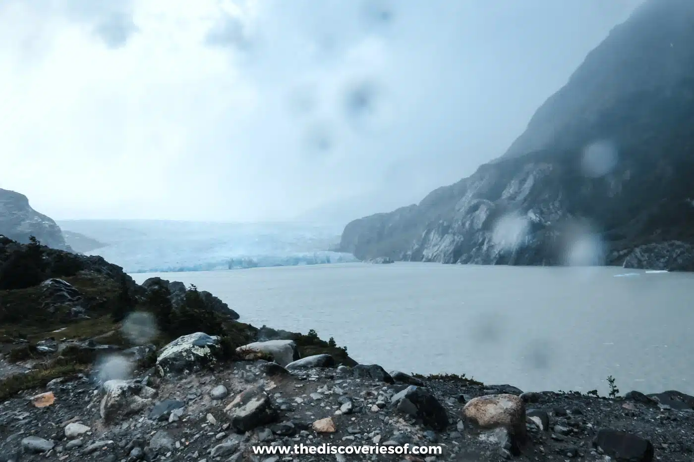 Glacier Grey and Lago Grey in the rain from the lookout, Torres del Paine, Chile