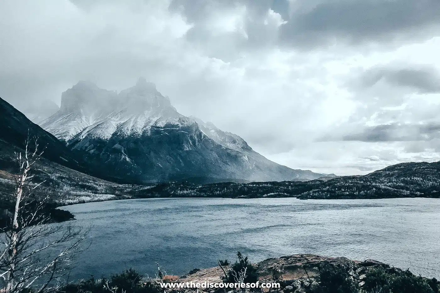 Lago Pehoé below Paine Grande under heavy cloud, Torres del Paine, Chile