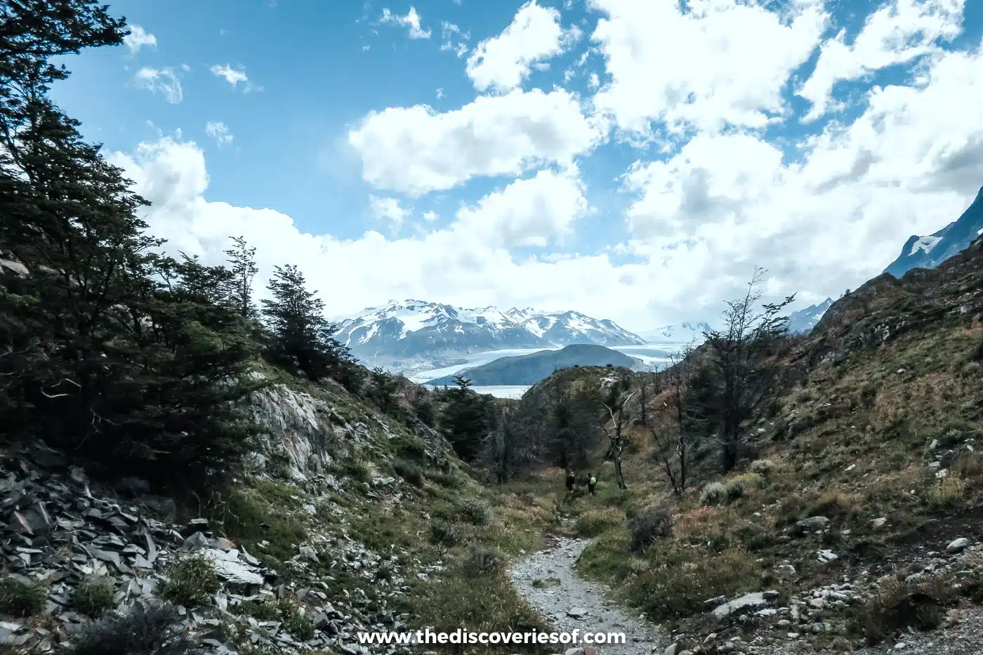 Trail dropping towards Lago Grey and the glacier, Torres del Paine, Chile