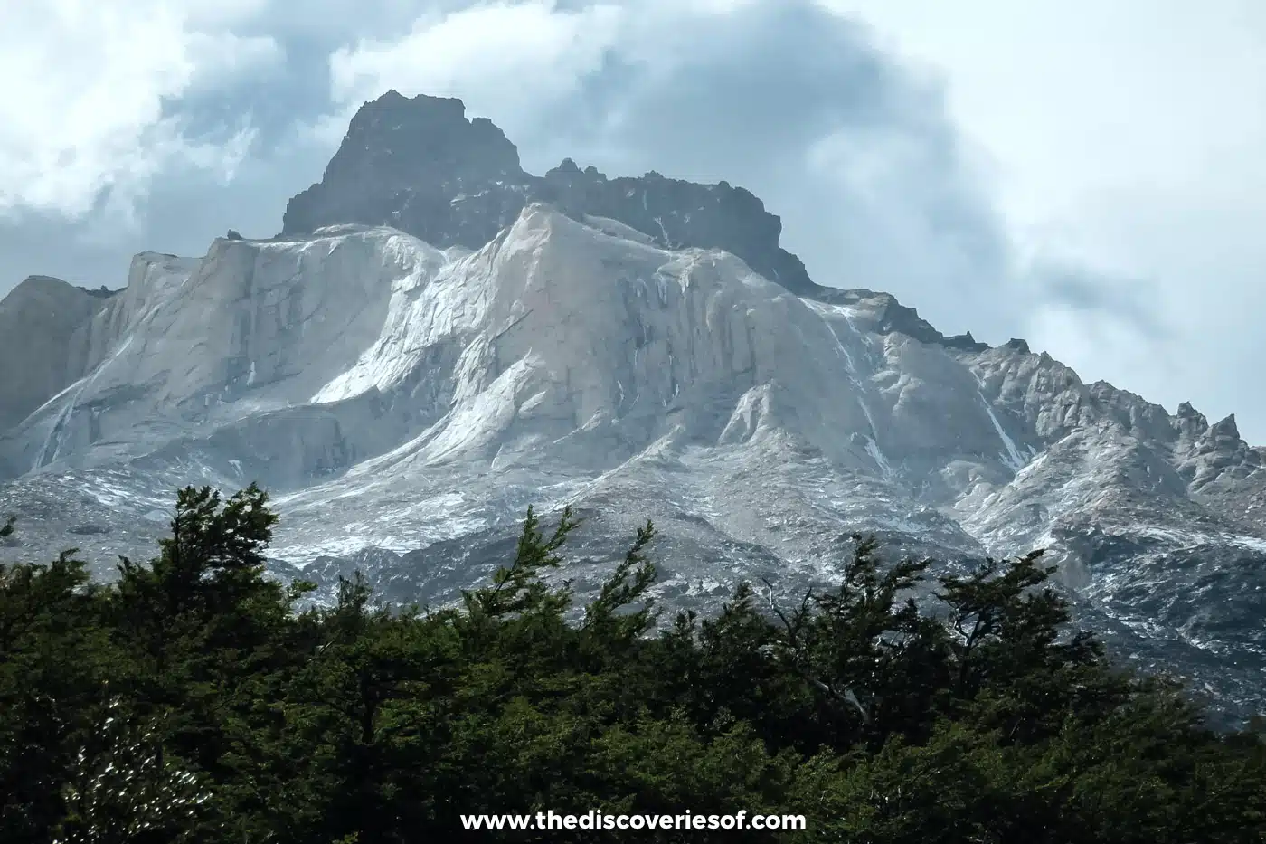 Grey granite massif above dark forest in Torres del Paine, Chile