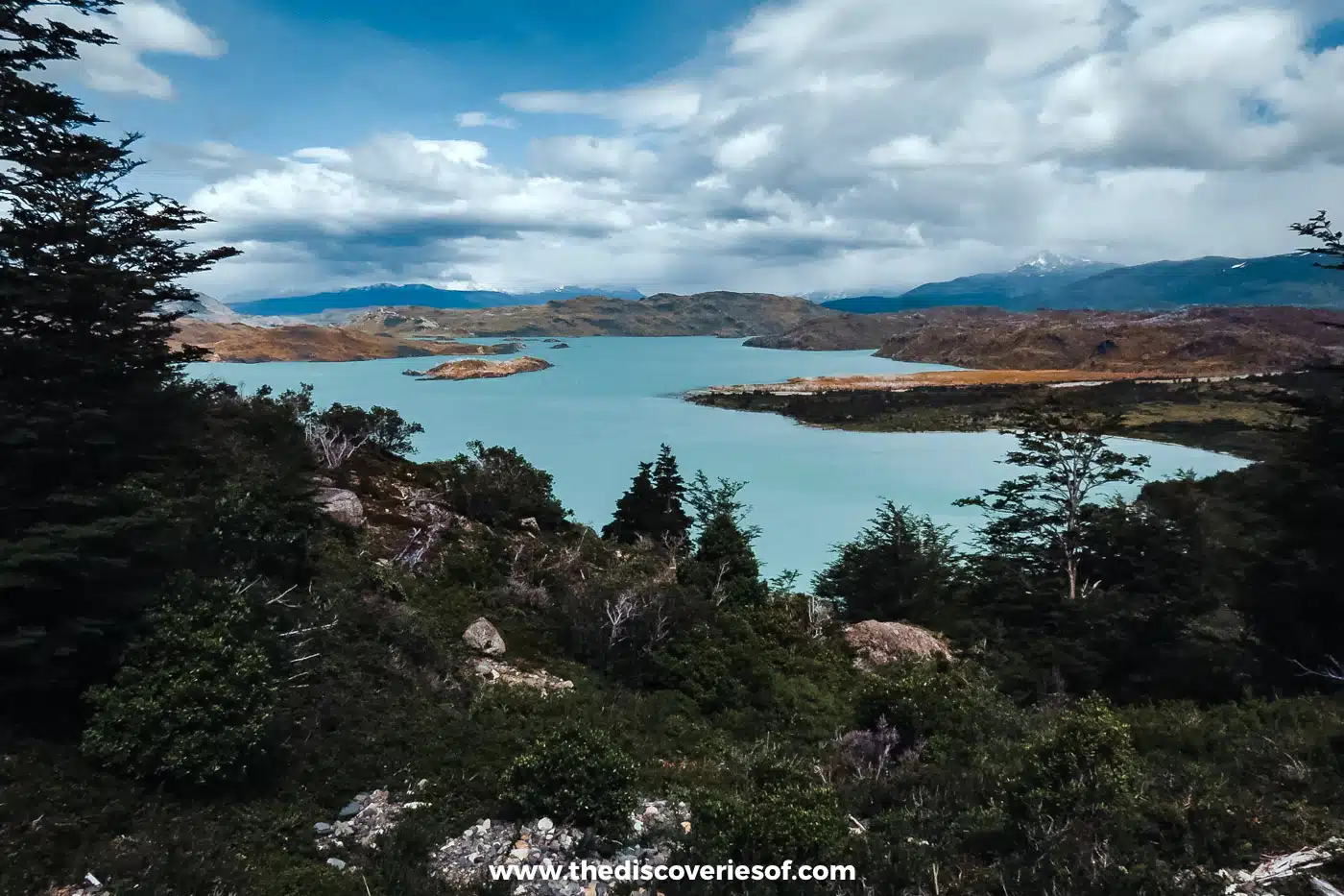 Turquoise lake and islands below the W Trek trail in Torres del Paine, Chile