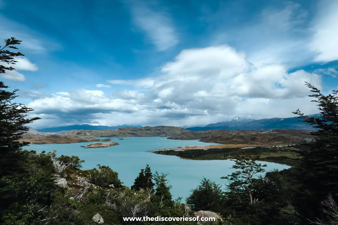 Turquoise lake dotted with islands seen through forest in Torres del Paine, Chile