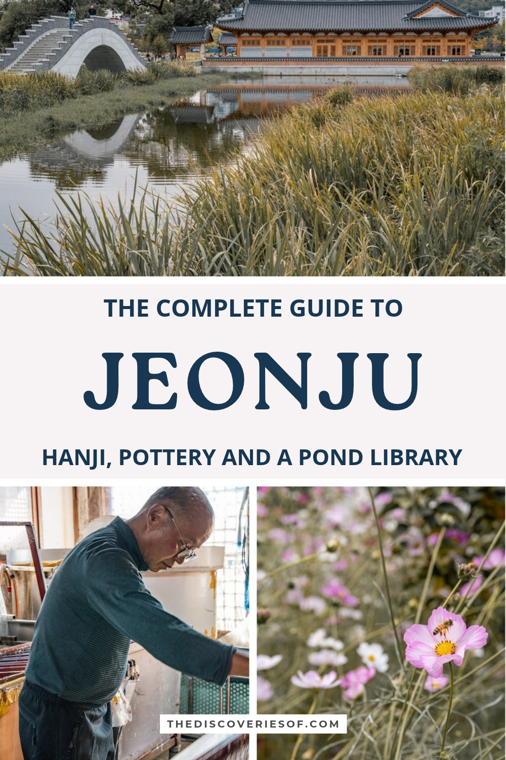 Pinterest pin for the Jeonju travel guide: the lotus-pond library, hanji paper-making and autumn flowers