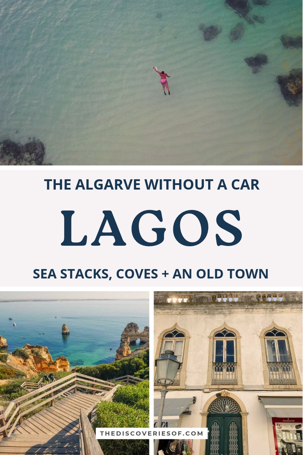 Lagos travel guide pin with a swimmer in clear water, clifftop boardwalk stairs and an old town townhouse