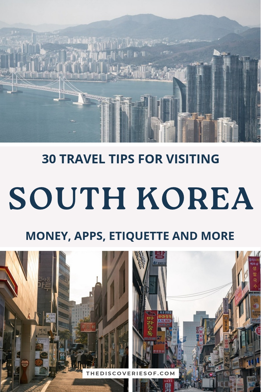 South Korea travel tips pin: Busan from BUSAN X the Sky, a street in Insadong and Myeongdong in Seoul