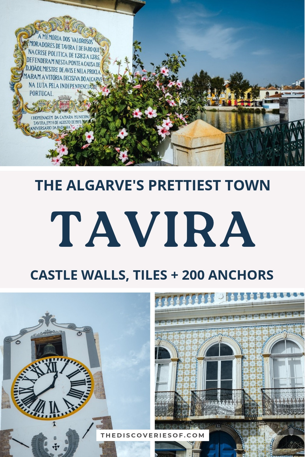 Tavira travel guide pin with the clock tower, tiled façades and a riverside azulejo plaque