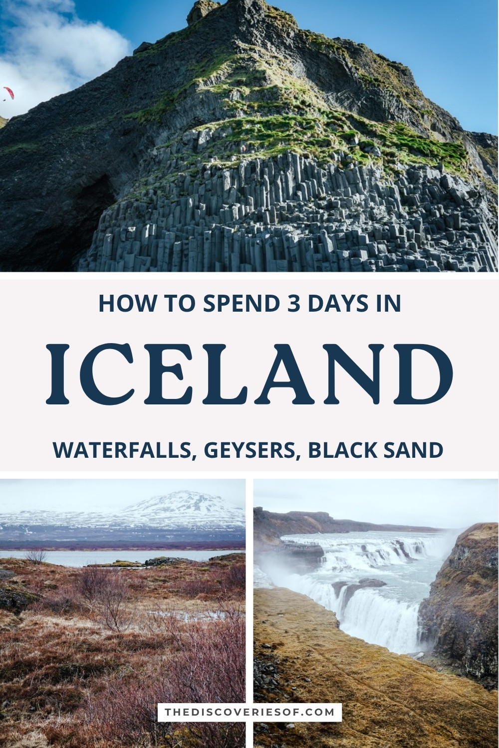 3 days in Iceland pin: basalt columns at Reynisfjara, heath beside Þingvallavatn and the falls at Gullfoss