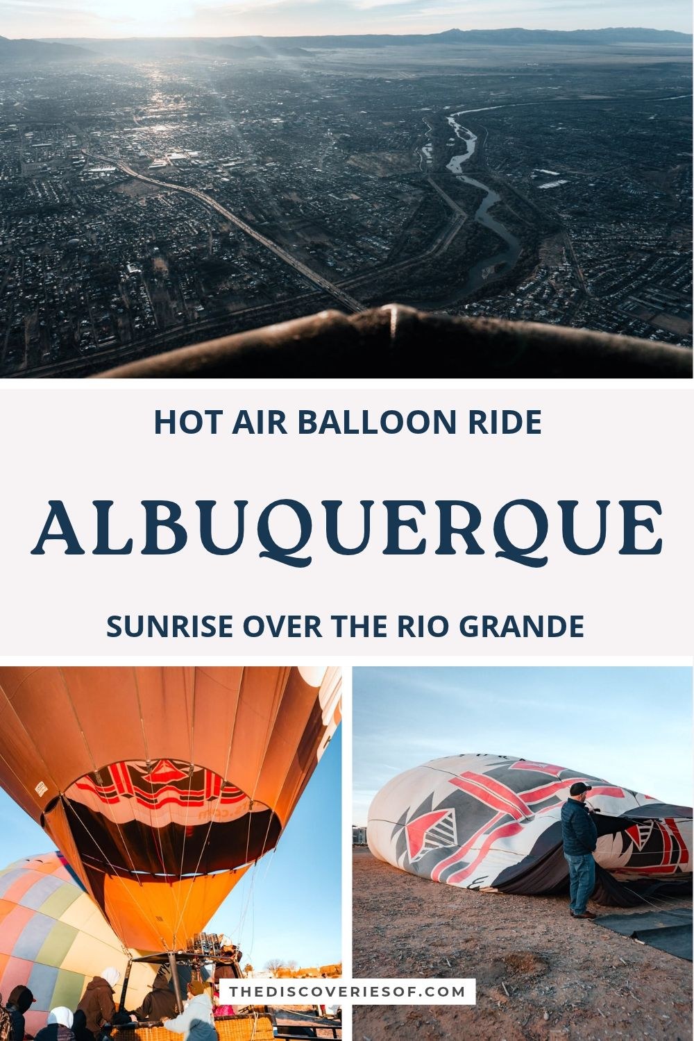Albuquerque hot air balloon ride pin: the city and the Rio Grande at sunrise from the basket, a balloon inflating and a crew member packing up a balloon after landing