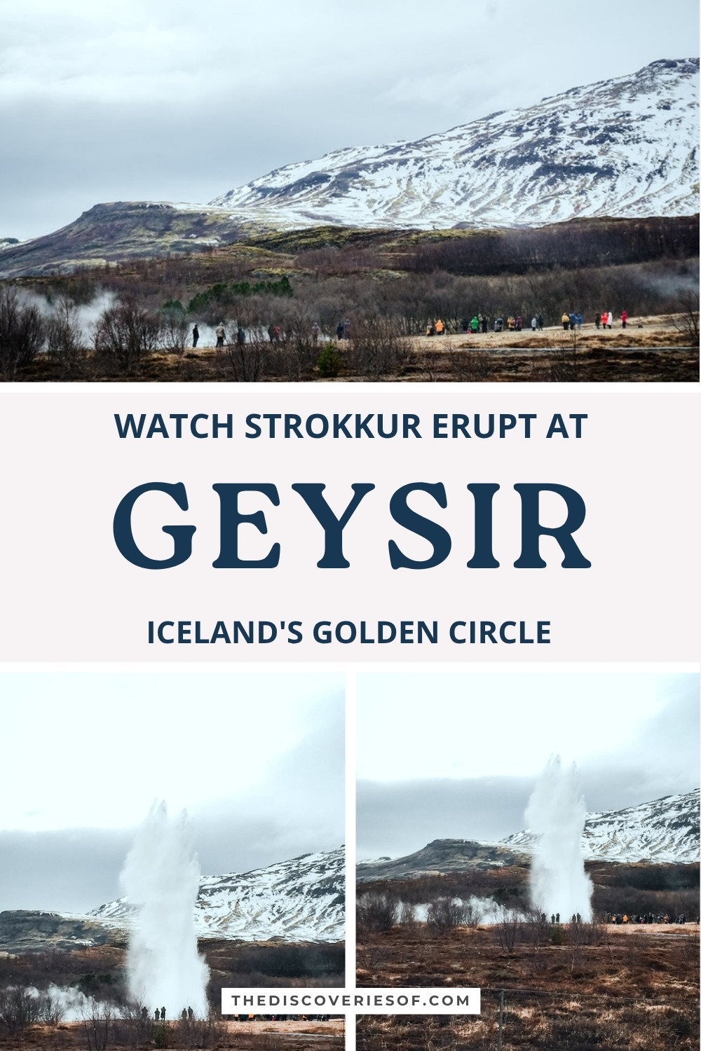 Geysir pin: steam rising over the Geysir geothermal field and Strokkur erupting below snowy hills
