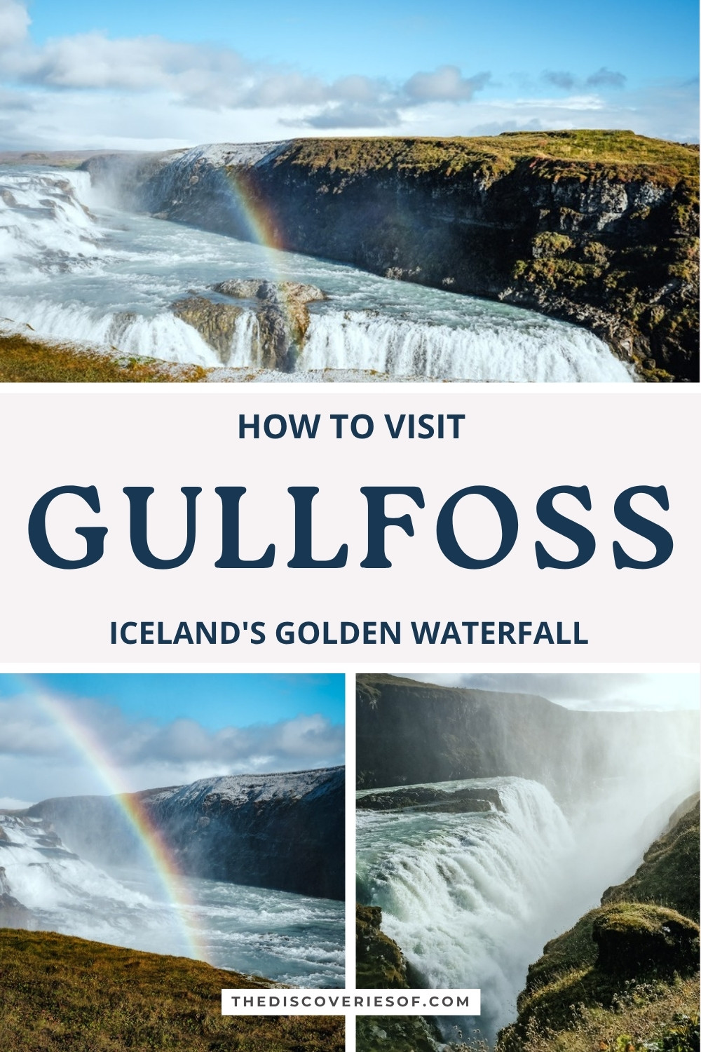 Gullfoss pin: rainbows over the two-step Gullfoss waterfall and its canyon, Iceland