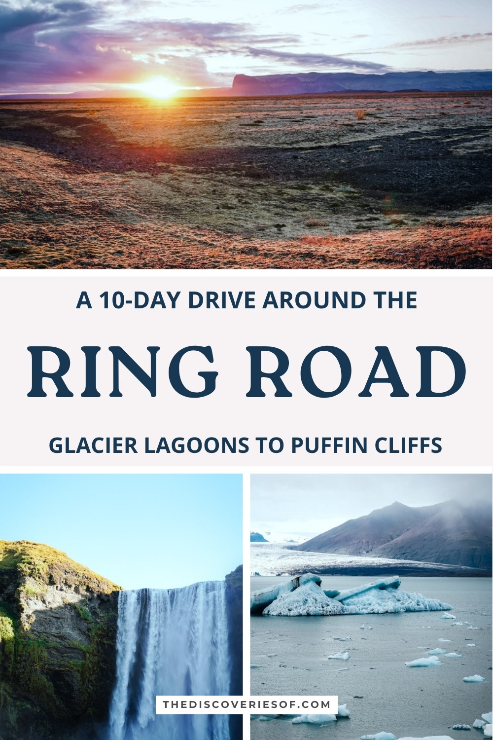 Iceland Ring Road pin: sunset over the south coast plains, Skógafoss and icebergs at Jökulsárlón