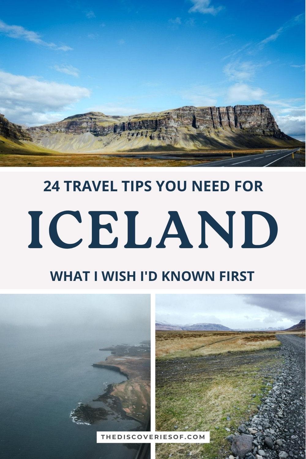Iceland travel tips pin: the Ring Road below a flat-topped cliff, the coast from the plane window and a gravel track across the moorland