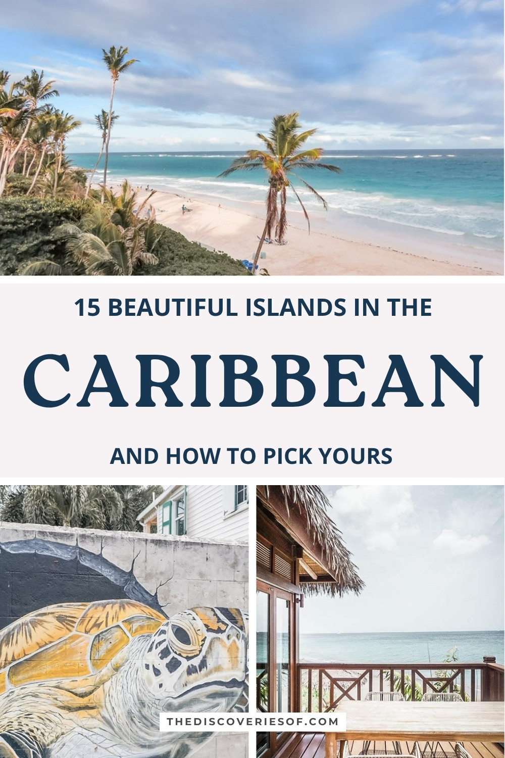 Caribbean islands pin: palms above Crane Beach in Barbados, a turtle mural in Charlestown and a villa terrace on Nevis