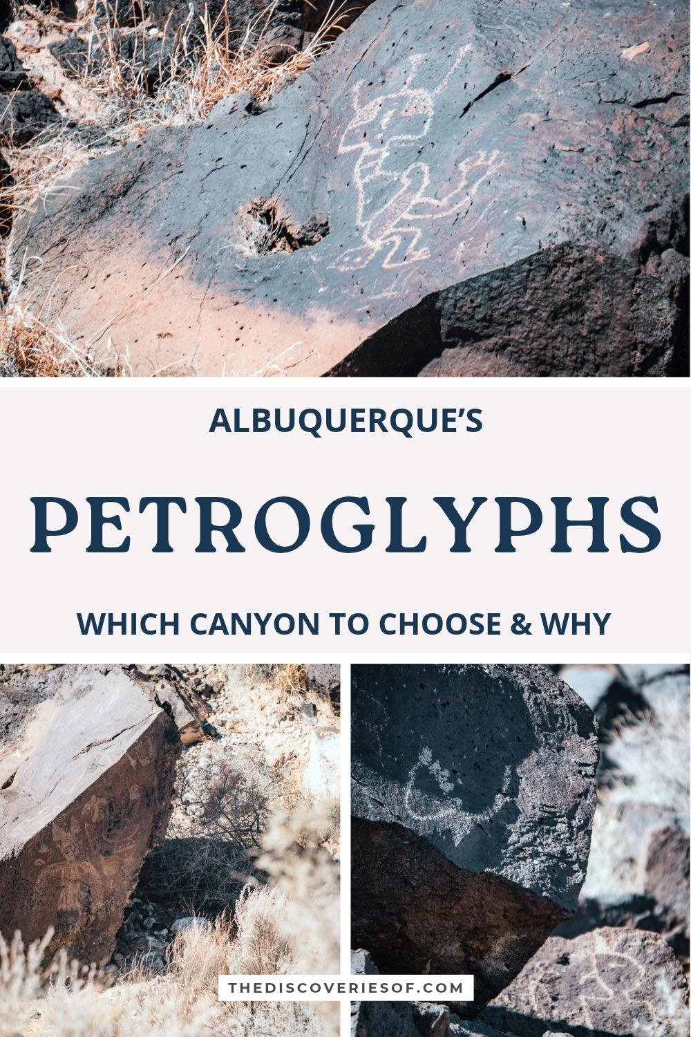 Petroglyph National Monument pin: a human figure carved into dark basalt, a carved boulder among dry grass and petroglyphs on rocks in Rinconada Canyon