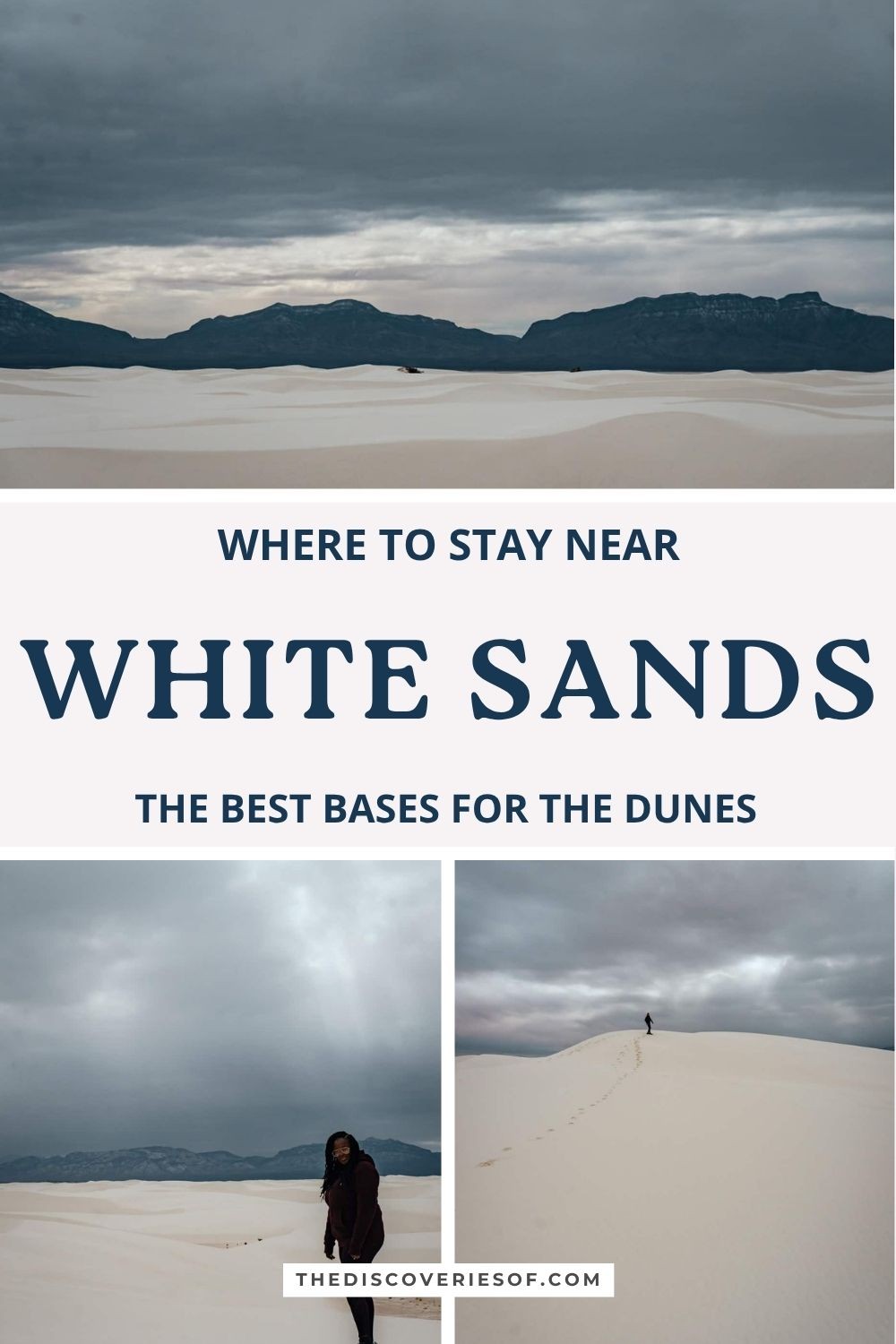 Where to stay near White Sands pin: the gypsum dunes under rain clouds and Julianna on the dunes, New Mexico