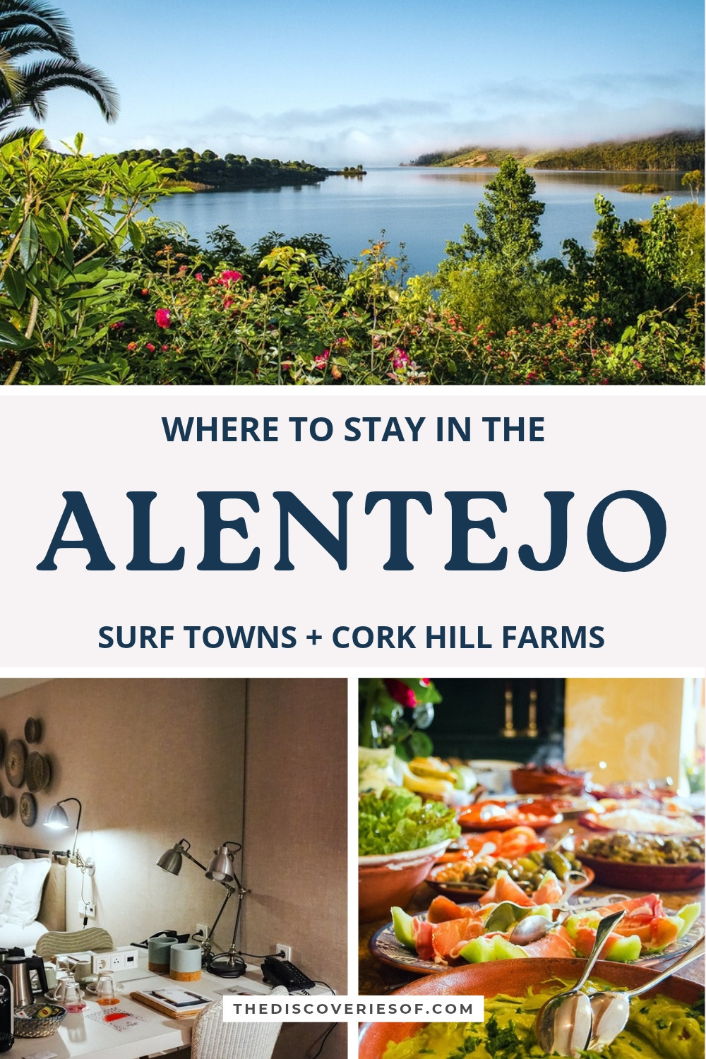 Where to stay in the Alentejo pin with the gardens of Quinta do Barranco da Estrada, a hotel room and a farm lunch